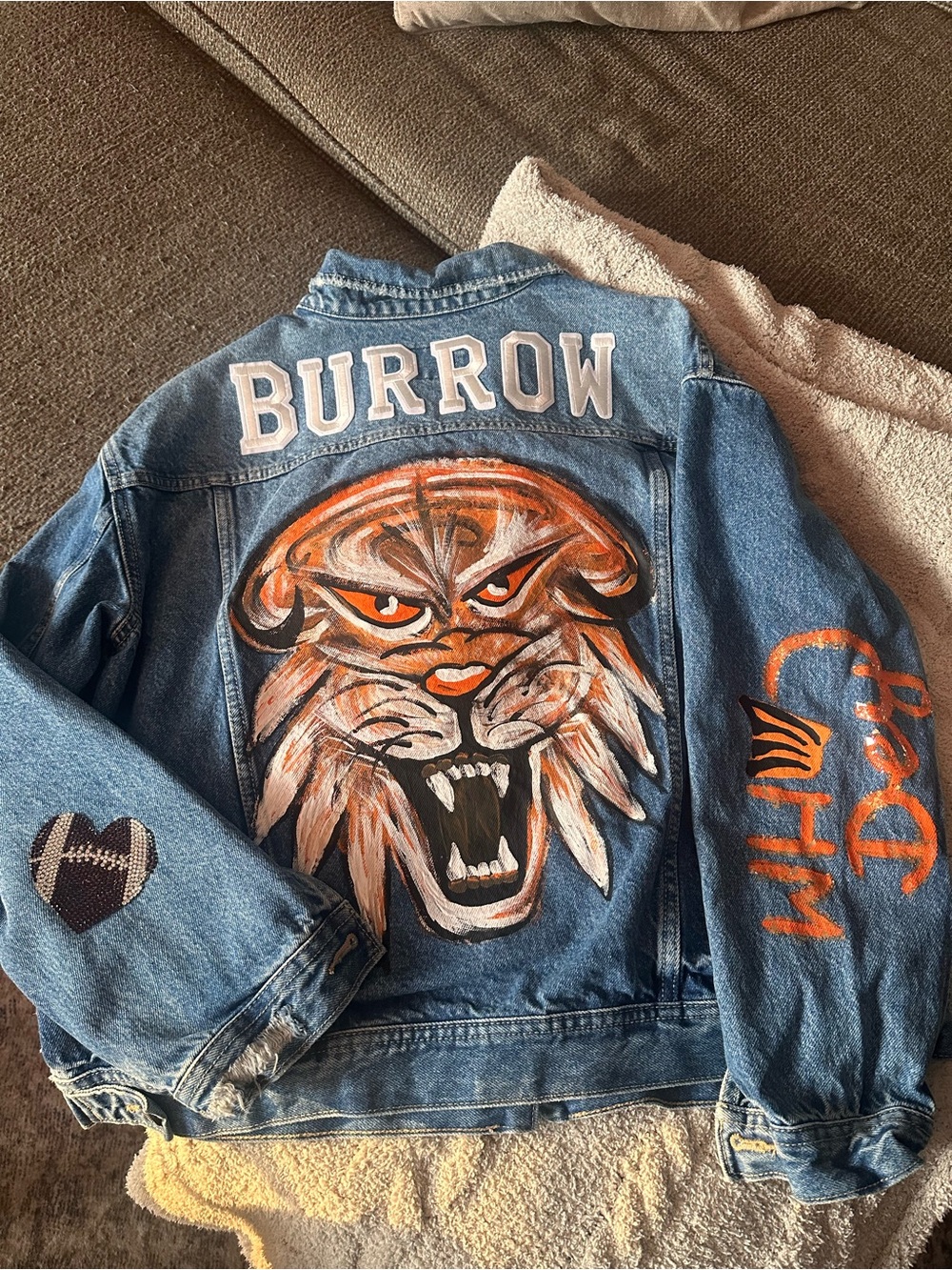 Denim Jacket with Hand-Painted Bengal Tiger Graphic